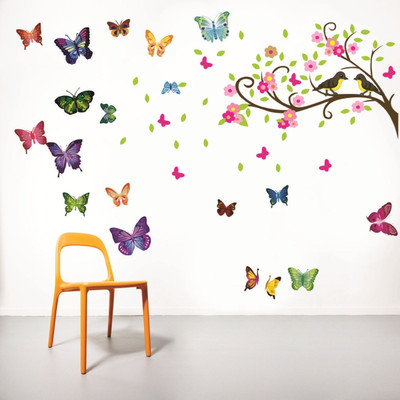 Decor Villa 91 inch BUTTERFLY TREE BIRDS Wall Sticker Reusable Sticker(Pack of 2)
