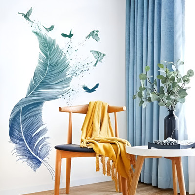 KGDecor 43 cm Stylish Blue Feather with Flying Birds Wall Sticker Self Adhesive Sticker(Pack of 1)