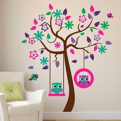 Wallme 110 cm Tree with Swing | Non-Reusable Stickers Self Adhesive Sticker(Pack of 1)