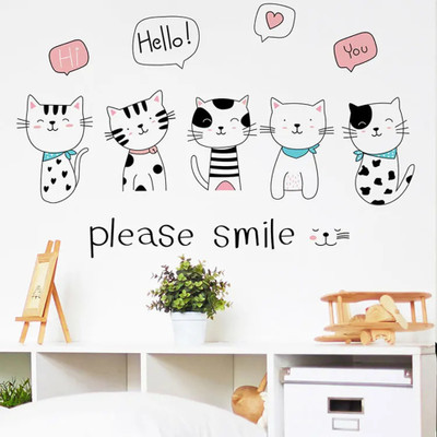 SnappyVinyl 30 cm Cartoon Smiling Cat Combination Self Adhesive Sticker(Pack of 1)
