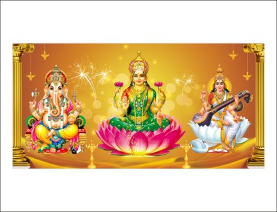 Sahaj Décor 45 cm Dhan laxmi,Ganesh,Saraswati ji Diwali pooja wall poster size (91x45) Self Adhesive Sticker(Pack of 1)