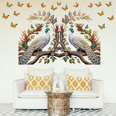 Decor Villa 48 cm Peacock with Butterfly Removable Sticker(Pack of 1)