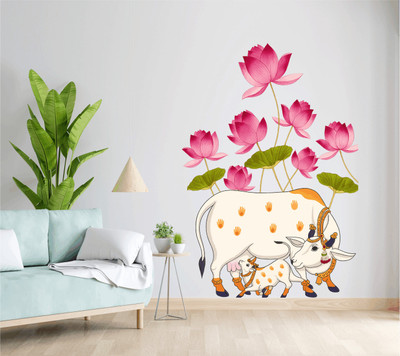 GN DECOR 60 cm Sacred Cow & Calf with Lotus | Spiritual Ethnic | Temple Space Self Adhesive Sticker(Pack of 1)