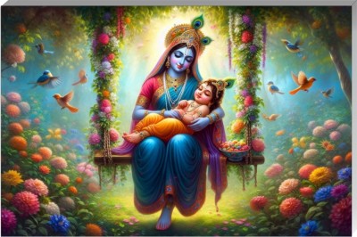 komstec 18 inch Maa Yasoda with Little Krishna Wall Poster For Living room & Bedroom Décor 12x18 Self Adhesive Sticker(Pack of 1)