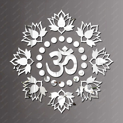 wall1ders 50 cm Om with 10 Lotus 20 Dots Silver, Mirror Stickers for Wall Self Adhesive Sticker(Pack of 1)