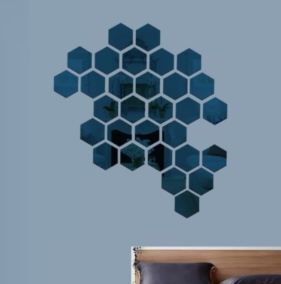 HAPPINY 12 cm 30 Hexagon (10.5 x 12.1 cm) Blue, 3D Acrylic Mirror Stickers for Wall Self Adhesive Sticker(Pack of 1)