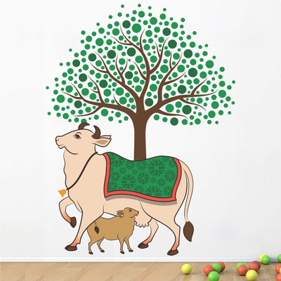 Inkfence 80 cm Kamadhenu Cow and Calf Feeds Idyllic Traditionaly Green Tree Wall sticker Self Adhesive Sticker(Pack of 1)