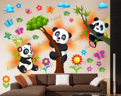 Art Kafe 61 cm Panda on Tree Branch Playing Self Adhesive Sticker(Pack of 1)