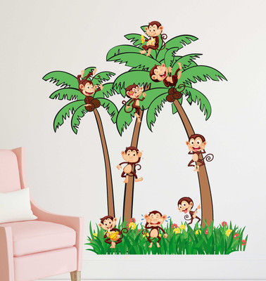 Wallme 90 cm Monkey On Coconut Tree | Non-Reusable Stickers Self Adhesive Sticker(Pack of 1)