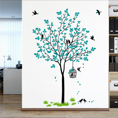 Decal O Decal 1 cm Blue Tree With Birds Cage And Nest Self Adhesive Sticker(Pack of 1)