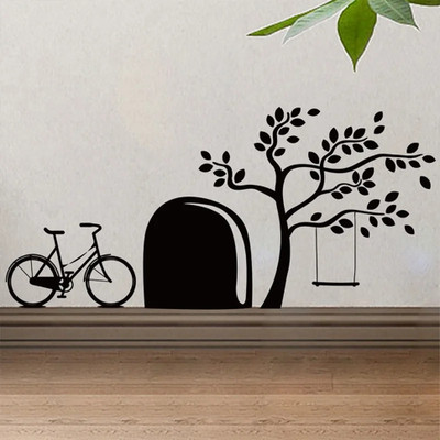 SnappyVinyl 20 cm Mouse Hole with Tree and Cycle Self Adhesive Sticker(Pack of 1)