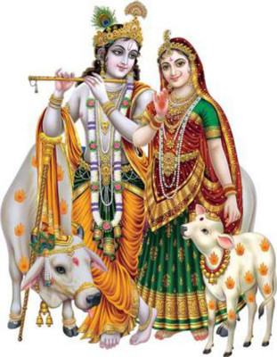 Psychedelic Collection 20 cm Cow With Radha Krishna Modern Art 166 Self Adhesive Sticker(Pack of 1)