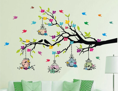 Heaven Decors 127 cm Natural Tree - Colorful Birds - Birdcage (Ideal Size - Large ) Self Adhesive Sticker(Pack of 1)