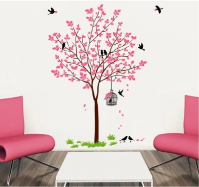 SHREJI 90 cm Pink Tree With Birds Cage And Nest Self Adhesive Sticker(Pack of 1)