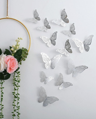 JAAMSO ROYALS 16 cm Silver Butterfly Self Adhesive Wall Sticker (12 Pcs) Self Adhesive Sticker(Pack of 1)