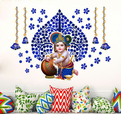 DivineDesigns 46 cm Krishna Ji Makhan Chor with Leaves & Bells Wall Sticker Self Adhesive Sticker(Pack of 1)