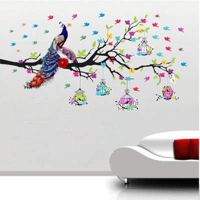 Decor Villa 91 cm Peacock on branch arround birds Self adhesive Removable Sticker(Pack of 1)
