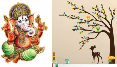 EJAart 45 cm Trendy Wall Stickers- Gajanand & brown tree cute animals Self Adhesive Sticker(Pack of 2)