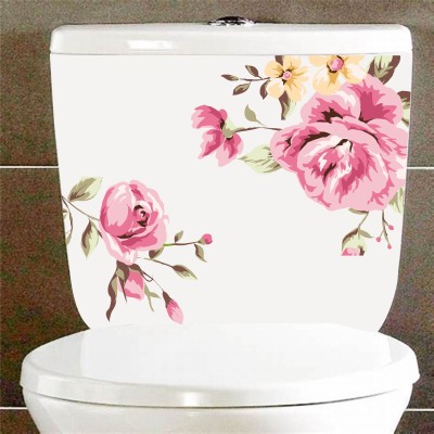 The Decor house 99 cm pink flower with green leafToilet seat sticker bathroom sticker(29x38) Self Adhesive Sticker(Pack of 1)