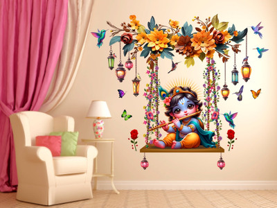 Art Kafe 61 cm Krishna Ji Flute Butterflies Flowers Self Adhesive Sticker(Pack of 1)