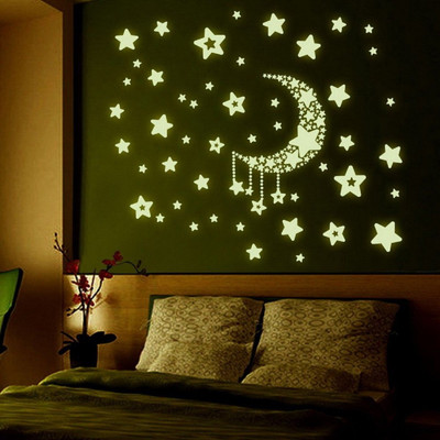 JAAMSO ROYALS 100 cm Radium Moon & Falling Stars Glow in the Dark Sticker (Pack of 1) Self Adhesive Sticker(Pack of 1)