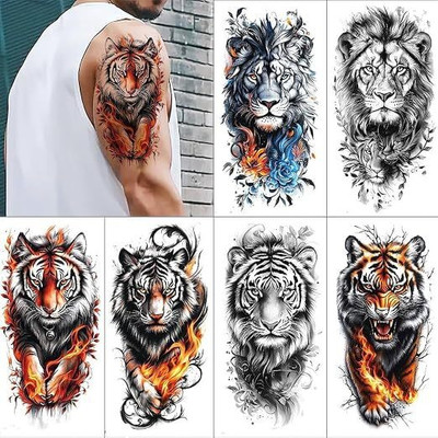 Verilux 21 cm Temporary Tattoo Sticker Set for Men Large Waterproof Tiger Lion Beast Tattoos Removable Sticker(Pack of 6)