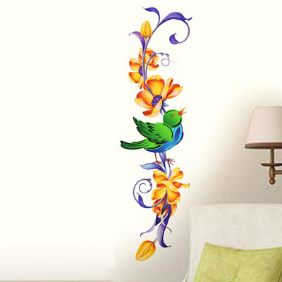Happy Walls 10 Vertical Floral Design & Bird Self Adhesive Sticker(Pack of 1)