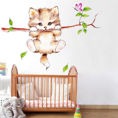 WALLPIK 100 cm Cut Cat On Branch Beautiful butterfly Kids Room Wall Decals WP216A Self Adhesive Sticker(Pack of 1)