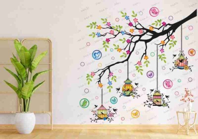 Dilight Art 85 cm Size, Tree-Leaf-Flower-Butterflies-Cages-Birds Design Wall Sticker Self Adhesive Sticker(Pack of 1)