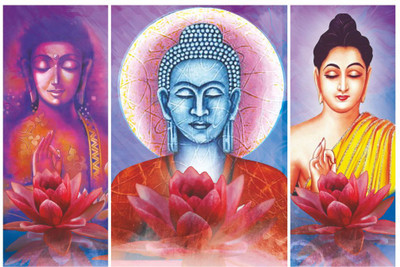 komstec 18 inch Tranquil Lord Buddha Wall Frame 3 Panel Meditation & Peace Art Spiritual Wall Self Adhesive Sticker(Pack of 1)