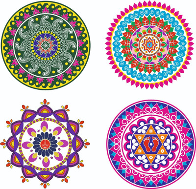 Inkfence 30 cm Diwali Rangoli Sticker Floor Sticker Self Adhesive Sticker(Pack of 4)