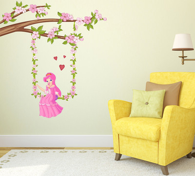 TRIDENT 100 cm Branch With Flowers And Barbie Girl Removable Sticker(Pack of 1)
