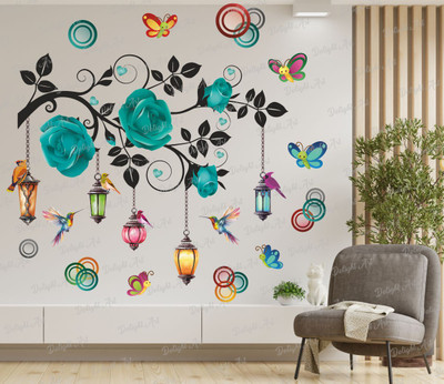 Divine Printry 73 cm Size, Flower with Lamp and Birds Design Wall Sticker Self Adhesive Sticker(Pack of 1)