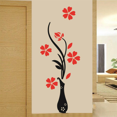 KgnDesigns 58 cm Flowers with Vase' Wall Sticker (PVC Vinyl, 60 cm x 60 cm), Multicolour Self Adhesive Sticker(Pack of 1)
