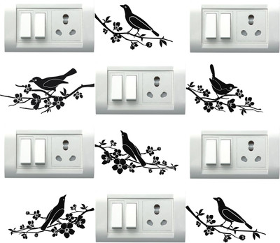 Design Decor 10.16 cm Black Birds With Tree Switch Board Sticker Self Adhesive Sticker(Pack of 6)