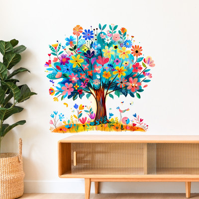 Decal O Decal 40 cm Colorful Tree With Flowers & Leaves Self Adhesive Sticker(Pack of 1)