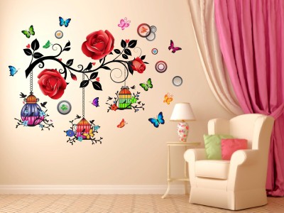 DivineDesigns 61 cm Red Roses & Beautiful Bird Cages Wall Sticker Self Adhesive Sticker(Pack of 1)