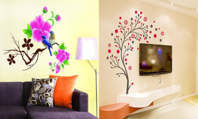 Walltech 90 cm Blue Bird and Magical Tree Self Adhesive Sticker(Pack of 2)
