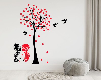 stickermart 130 cm Tree with Birds and Cute Kids Couple wall sticker Self Adhesive Sticker(Pack of 1)