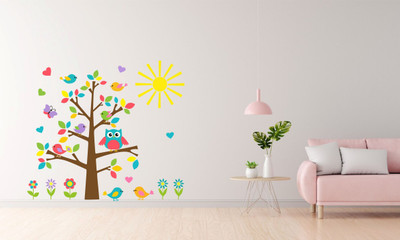 BPARTS 12 inch decorative tree and leaves birds wall sticker for kids room Reusable Sticker(Pack of 1)