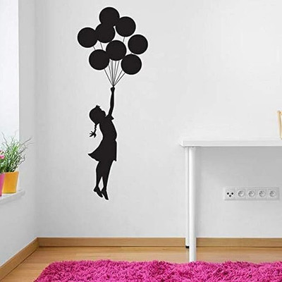 BPARTS 12 inch decorative abstract black decal girl with baloon wall sticker for home decor Reusable Sticker(Pack of 1)