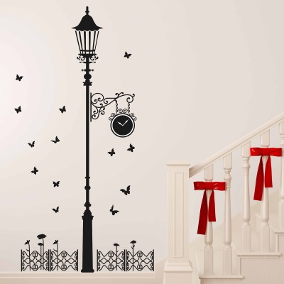 Aquire 100 cm Wall Stickers Black Antique Street Lamp with Butterflies Self Adhesive Sticker(Pack of 1)