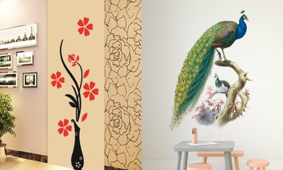 GharKraft 90 cm Ghar Kraft Set Of 2 Wall Sticker Flower Vase Red And Nature Peacock Wall Sticker Self Adhesive Sticker(Pack of 2)