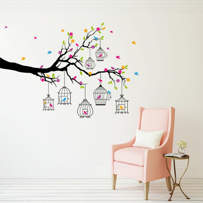DivineDesigns 48 cm Branch And Colorful Leaves Sticker Self Adhesive Sticker(Pack of 1)