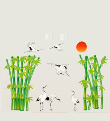Happy Walls 10 Bamboos and Cranes Evening Self Adhesive Sticker(Pack of 1)
