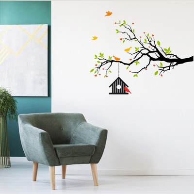 rawpockets 80 cm Heart-in Flower Tree with Bird Cage Self Adhesive Sticker(Pack of 1)