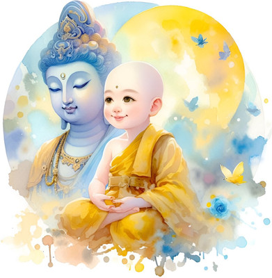 K2A Decor 56 cm Kartique Buddha with Little Monk Wall Sticker Self Adhesive Sticker(Pack of 1)