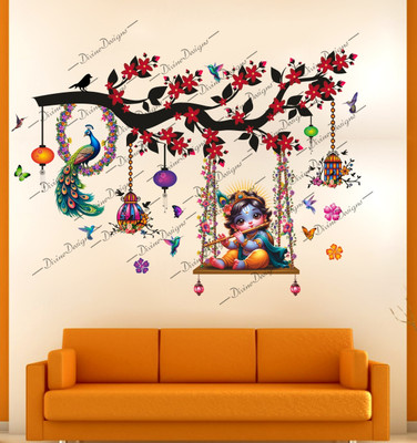 DivineDesigns 61 cm Little Bansuri Wala Krishna Peacock Cages Sticker Self Adhesive Sticker(Pack of 1)