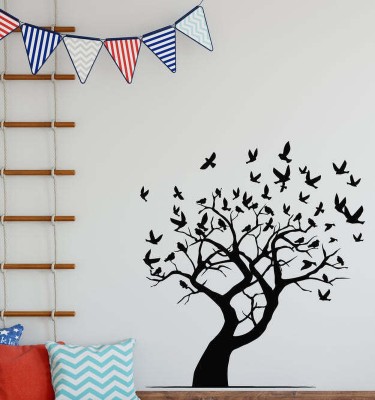 SnappyVinyl 33 cm Tree Branch And Black Birds Self Adhesive Sticker(Pack of 1)