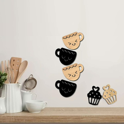 Asmi Collections 12 cm Wooden Smile Tea Cups and Cup Cake Cutout 3D Self Adhesive Sticker(Pack of 6)